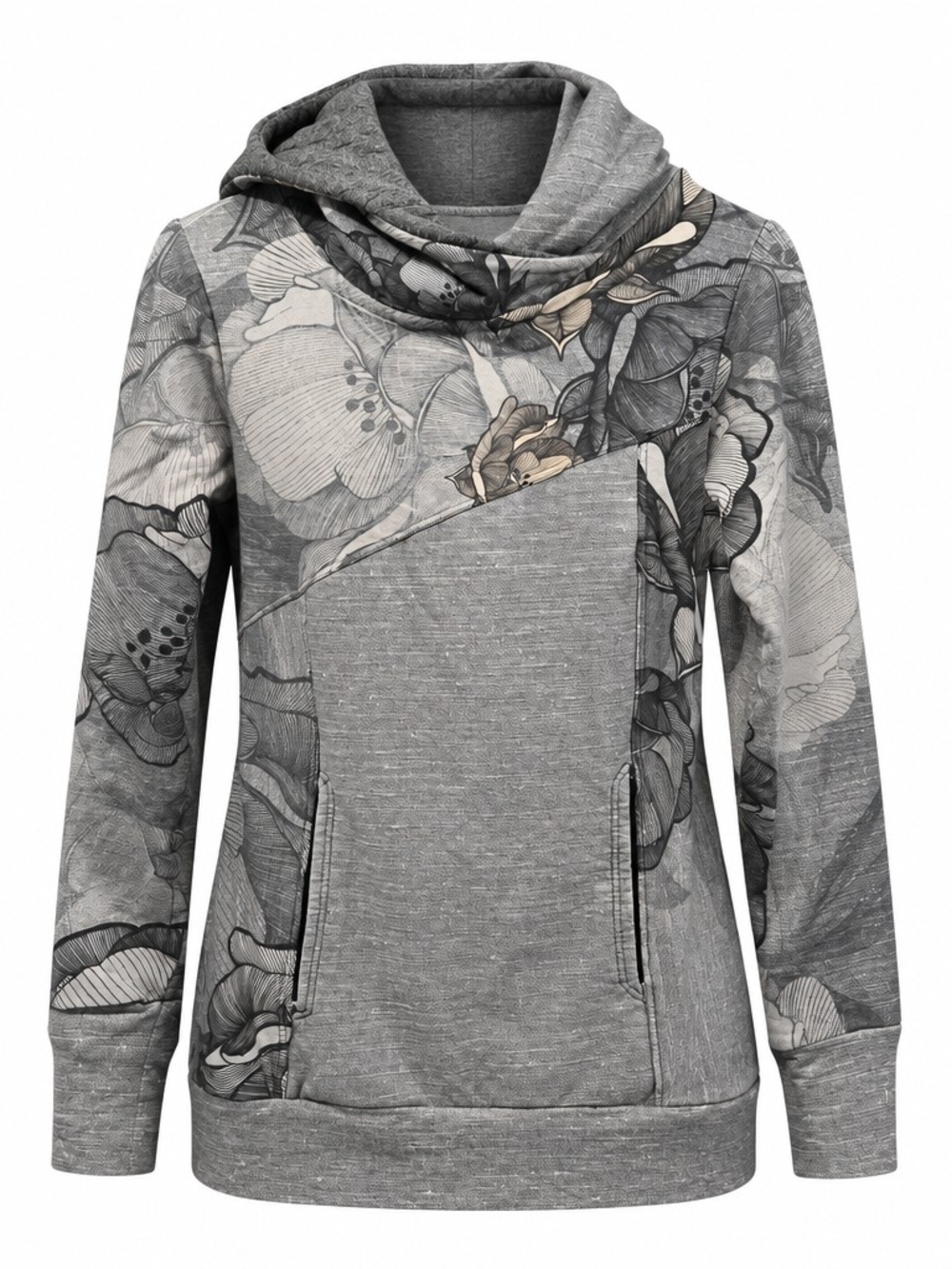 Women’s Gray Floral Crossover Hood French Terry Sweatshirt